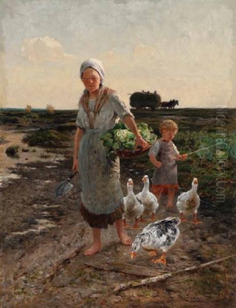 Magd Auf Dem Feld Bei Der Krauternte, Daneben Ganse Und Ein Kleiner Bub Oil Painting by Antonis Matteo Montemezzo