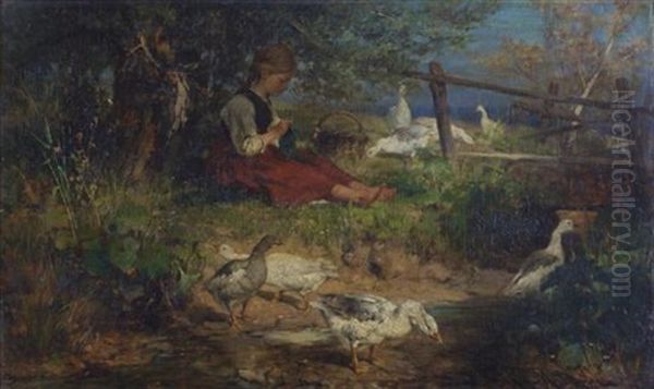 Girl With Geese Oil Painting by Antonis Matteo Montemezzo