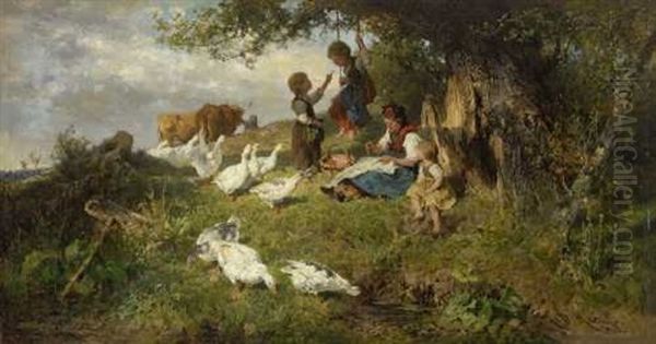 Dachauer Bauerin Mit Kindern Und Gansen Am Waldrand Oil Painting by Antonis Matteo Montemezzo