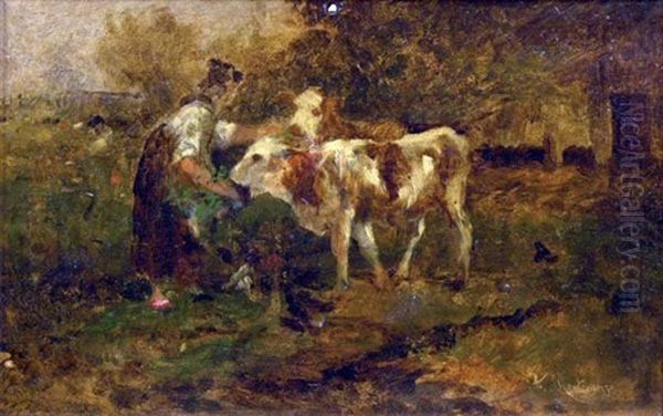 Figure Tending The Cows Oil Painting by Antonis Matteo Montemezzo