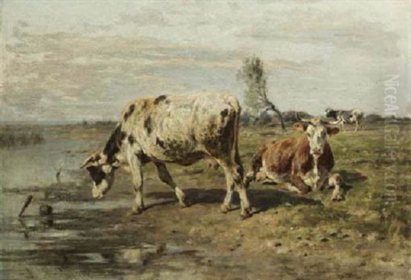 Cows Watering Oil Painting by Antonis Matteo Montemezzo