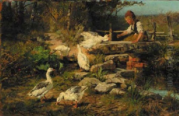 A Peasant Girl Feeding Geese Oil Painting by Antonis Matteo Montemezzo