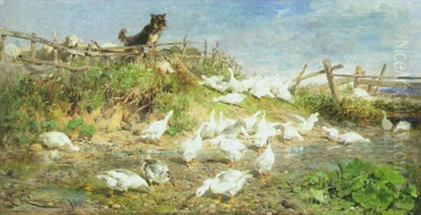 Ein Hirtenhund Hat Eine Ganseschar Am Weiher Uberrascht Oil Painting by Antonis Matteo Montemezzo