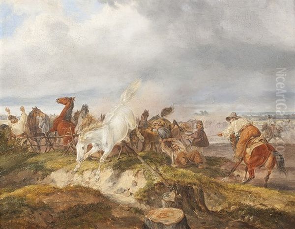 Wildpferdhatz In Der Ungarischen Puszta Oil Painting by Dietrich (Heinrich Maria) Monten