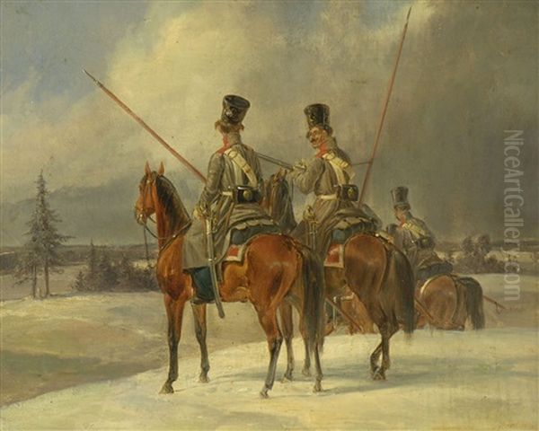 Drei Reiter In Winterlandschaft Oil Painting by Dietrich (Heinrich Maria) Monten