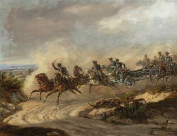 Preussische Reiter Mit Geschutzlafette Auf Dem Weg In Die Schlacht Oil Painting by Dietrich (Heinrich Maria) Monten