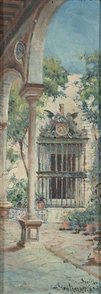 Detalle De La Casa Pilatos De Sevilla Oil Painting by Jose Montenegro Cappell