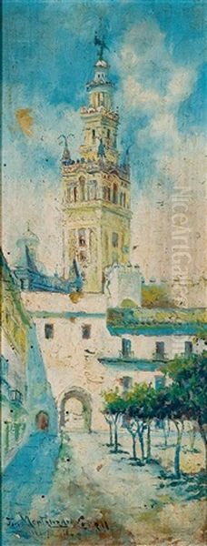 El Patio De Los Naranjos Con La Giralda Al Fondo Oil Painting by Jose Montenegro Cappell