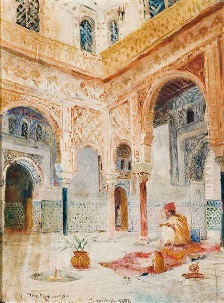 Interior De Los Alcazares De Sevilla Oil Painting by Jose Montenegro Cappell