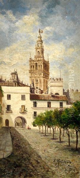 Patio De Banderas Con La Giralda Al Fondo Oil Painting by Jose Montenegro Cappell