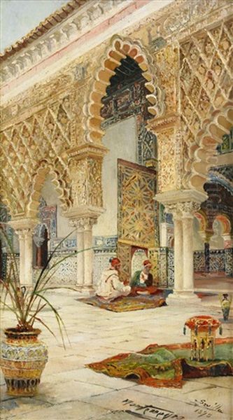 Orientalisk Bakgard Med Samtalande Morer - Sevilla Oil Painting by Jose Montenegro Cappell