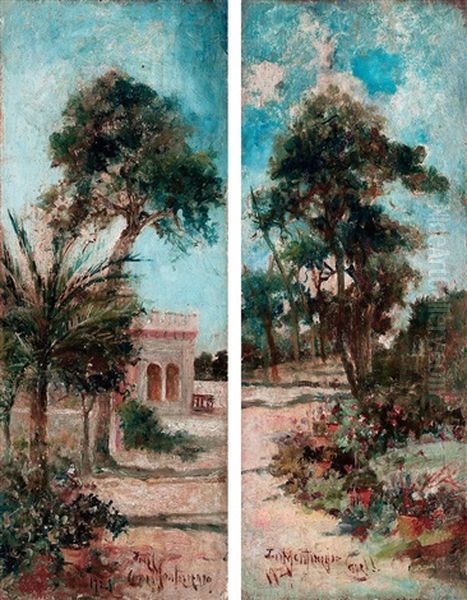 Pabellon En Un Jardin Y Camino Con Arboles Y Macetas (pair) Oil Painting by Jose Montenegro Cappell