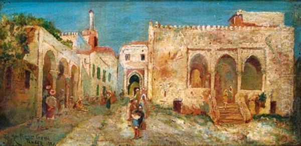 Promeneurs Aux Abords Du Dar El-mal A Tanger Oil Painting by Jose Montenegro Cappell