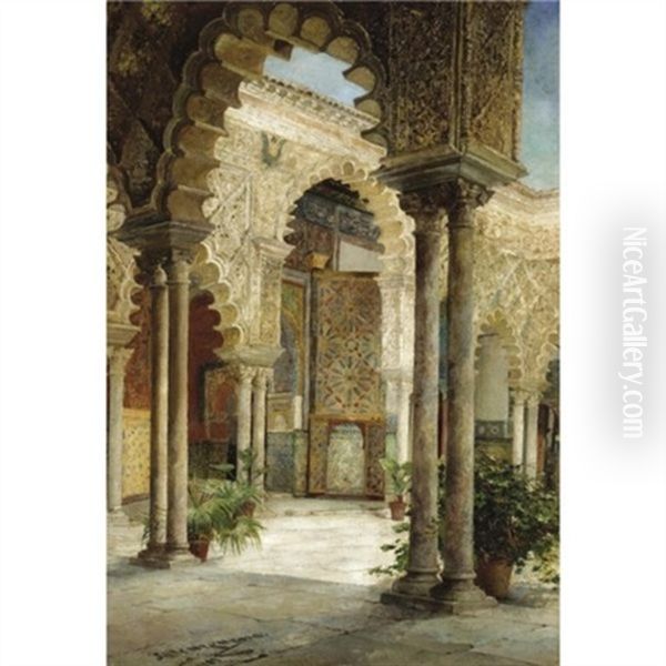 A Sunlit Courtyard, Seville Oil Painting by Jose Montenegro Cappell