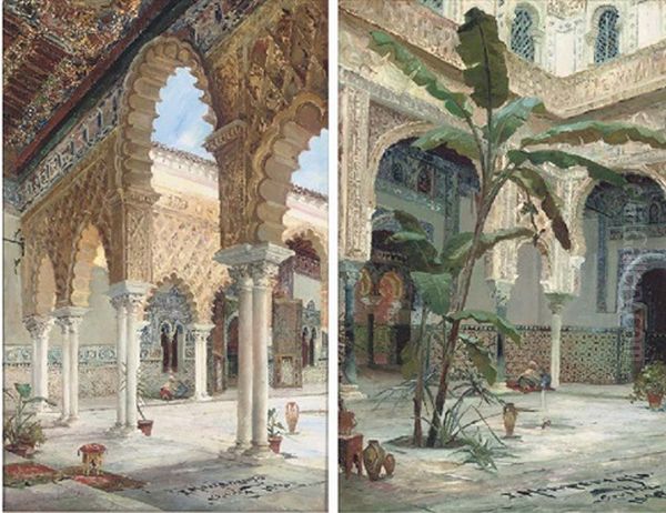 A Rest In The Alcazar, Seville (+ Another Similar; Pair) Oil Painting by Jose Montenegro Cappell