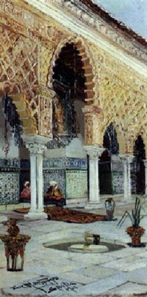 A Courtyard In Seville Oil Painting by Jose Montenegro Cappell