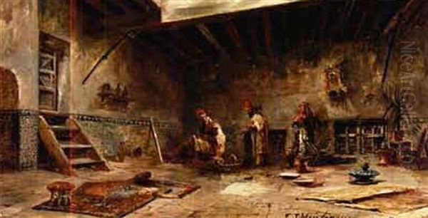 A Sandal-maker's Shop In Cadiz Oil Painting by Julio Montenegro