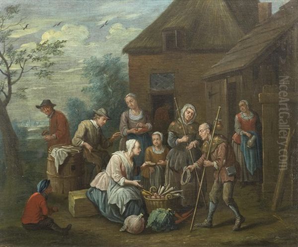 Vegetable Sellers Gathered Outside A Tavern; And Pilgrims Approaching Vegetable Sellers Before A Tavern (2) Oil Painting by Jan Baptist Monteyn