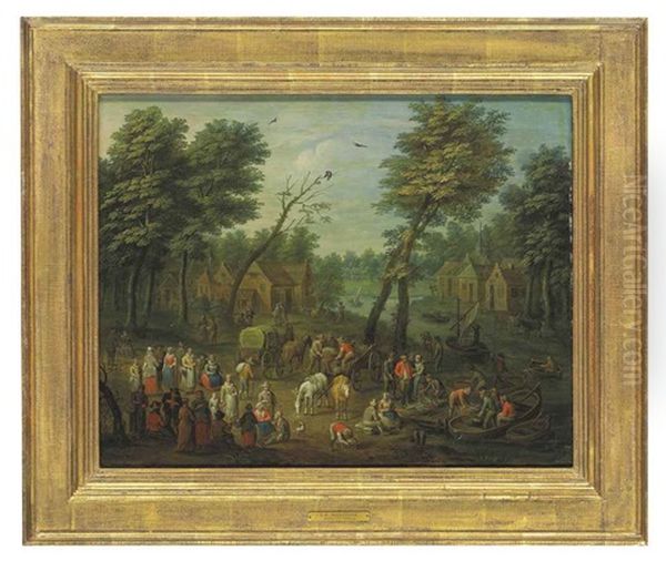 A Village Landscape With A Crowd Of Peasants And Fishermen Unloading Their Catch, A River And Cottages Beyond Oil Painting by Jan Baptist Monteyn