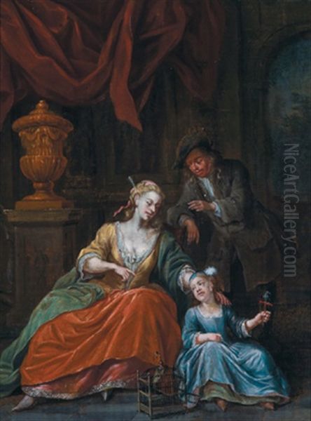 Ein Ehepaar Mit Seiner Kleinen Tochter Mit Einem Vogel In Einem Eleganten Interieur Oil Painting by Jan Baptist Monteyn