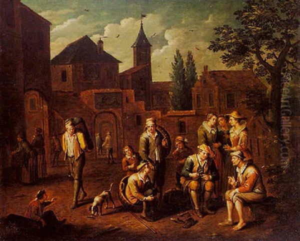 A Cobbler And Other Figures On A Town Square Oil Painting by Jan Baptist Monteyn