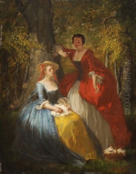 Zwei Damen Im Gesprach Oil Painting by Adolphe Francois Montfallet