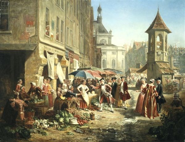 A Parisian Market Scene Oil Painting by Adolphe Francois Montfallet