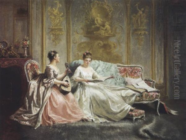 La Lecon De Musique Oil Painting by Adolphe Francois Montfallet