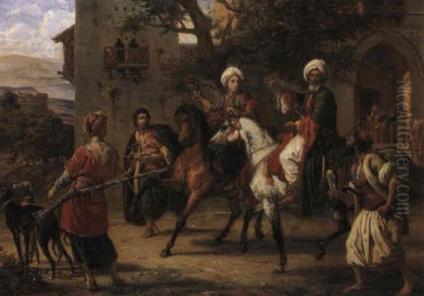 Depart Pour La Chasse Au Faucon Sur La Montagne Du Liban Oil Painting by Antoine Alphonse Montfort