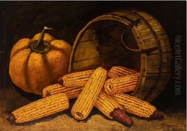 Harvest Still Life Of Pumpkin And Corn Oil Painting by Alfred Montgomery