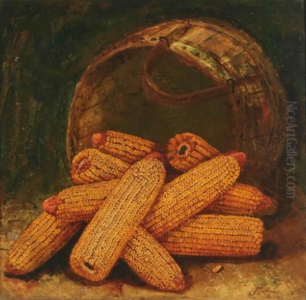 A Still Life Of Overturned Bent Wood Basket Spilling Ears Of Corn Oil Painting by Alfred Montgomery