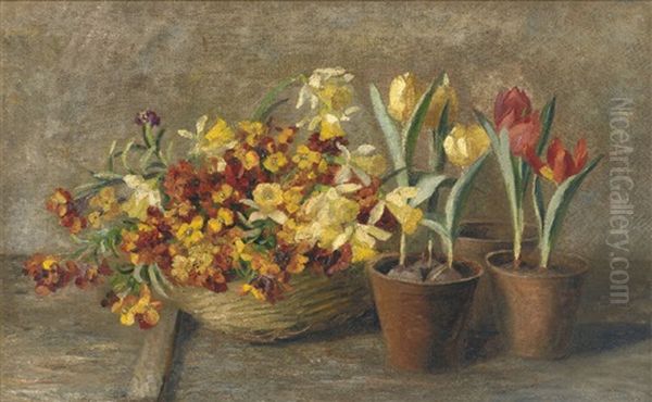 Stilleben Mit Tulpen, Osterglocken Und Goldlack Oil Painting by Francois Richard De Montholon