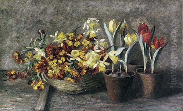 Stilleben Mit Tulpen, Osterglocken Und Goldlack Oil Painting by Francois Richard De Montholon