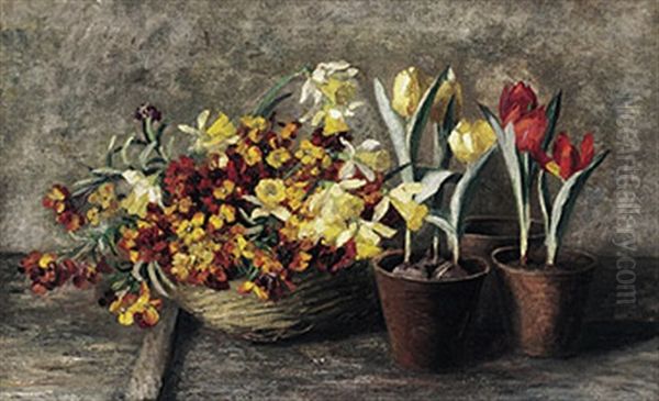 Stilleben Mit Tulpen, Osterglocken Und Goldlack Oil Painting by Francois Richard De Montholon