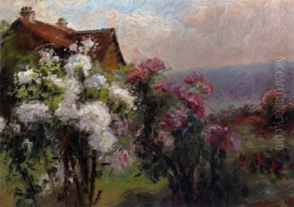 Haus Mit Roten Und Weisen Rosen Oil Painting by Francois Richard De Montholon