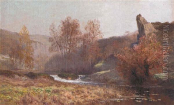 A French River Landscape Oil Painting by Francois Richard De Montholon