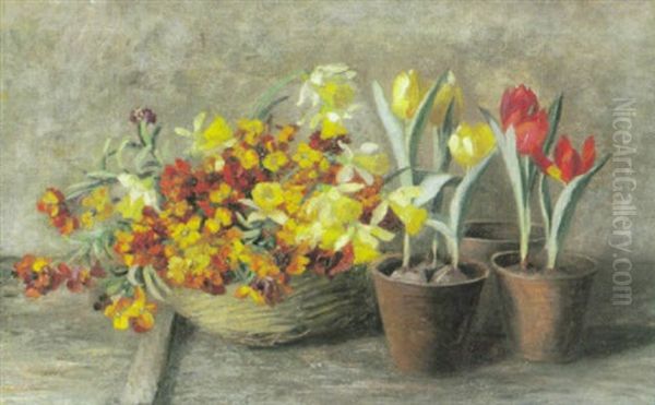 Stilleben Mit Fruhlingsblumen, Tulpen, Osterglocken Und Goldlack Oil Painting by Francois Richard De Montholon