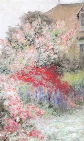 Bluhender Sommergarten Mit Haushintergrund Oil Painting by Francois Richard De Montholon