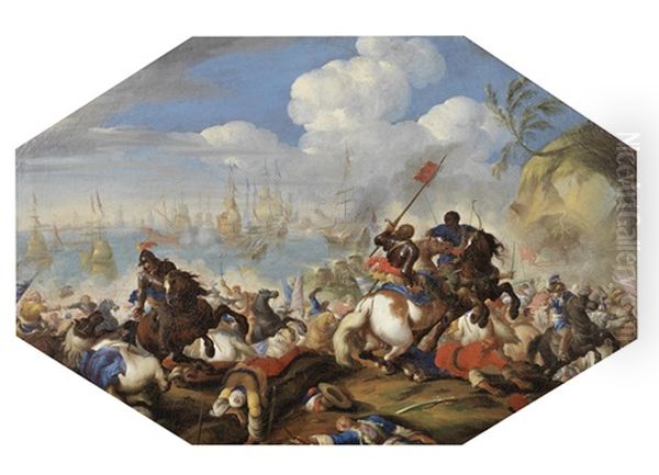 A Cavalry Skirmish With A Harbor Scene Beyond Oil Painting by Francesco Monti