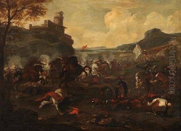 A Cavalry Skirmish Beneath A Castle On An Outcrop With A Plain Beyond Oil Painting by Francesco Monti