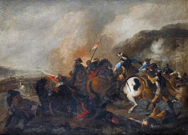 A Battle Scene With An Infantryman Lying On The Battlefield (+ A Cavalry Skirmish With A Dismounted Officer; Pair) Oil Painting by Francesco Monti