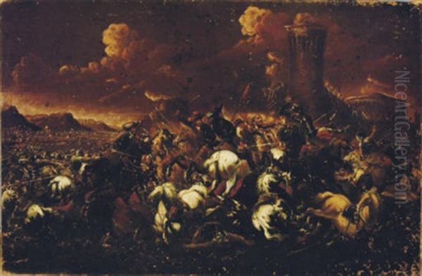 A Battle Skirmish Oil Painting by Francesco Monti