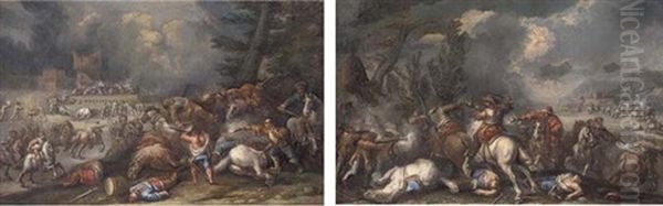 A Cavalry Battle Before A Fortified Castle (+ A Cavalry Skirmish With A Fortified Castle Beyond; Pair) Oil Painting by Francesco Monti