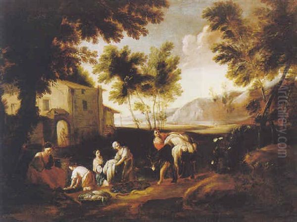 Washerwomen In A Landscape Oil Painting by Francesco Monti