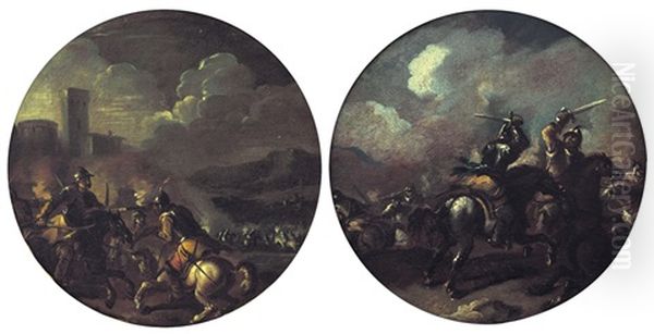 Scontri Di Cavalieri (pair) Oil Painting by Francesco Monti