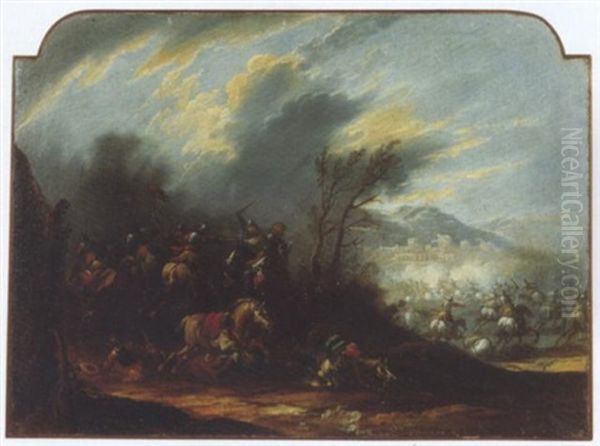 Scontro Di Cavalleria Con Citta Fortificata In Lontananza Oil Painting by Francesco Monti