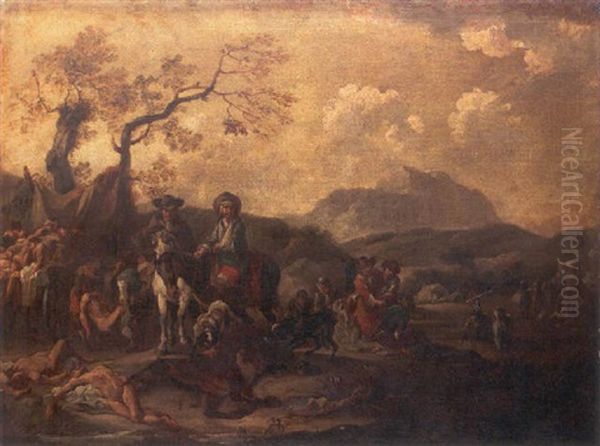 An Italianate Landscape With Infantry And Cavalry By A Camp Oil Painting by Francesco Monti