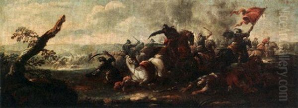 A Cavalry Battle Scene With Soldiers Fighting The Turks Oil Painting by Francesco Monti