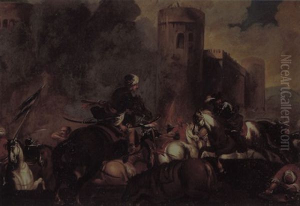 A Calvary Skirmish Outside The Walls Of A Castle Oil Painting by Francesco Monti