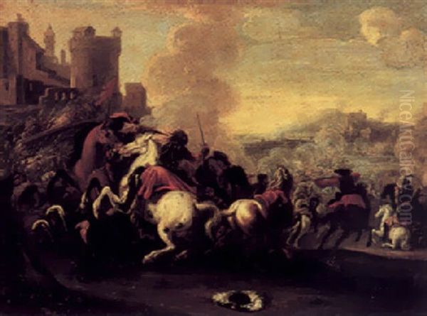 A Battle Scene Outside A Fortified Hilltop Town Oil Painting by Francesco Monti